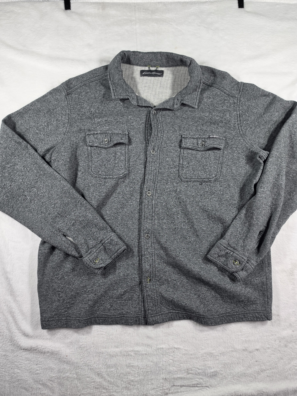 Eddie Bauer Mens XL Gray Knit Shirt Jacket Overshirt Double Pocket 2014